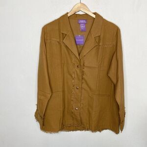 Suzanne Somers Camel Color Snap Up Jacket Western V-neck Fringe Women’s‎ Large